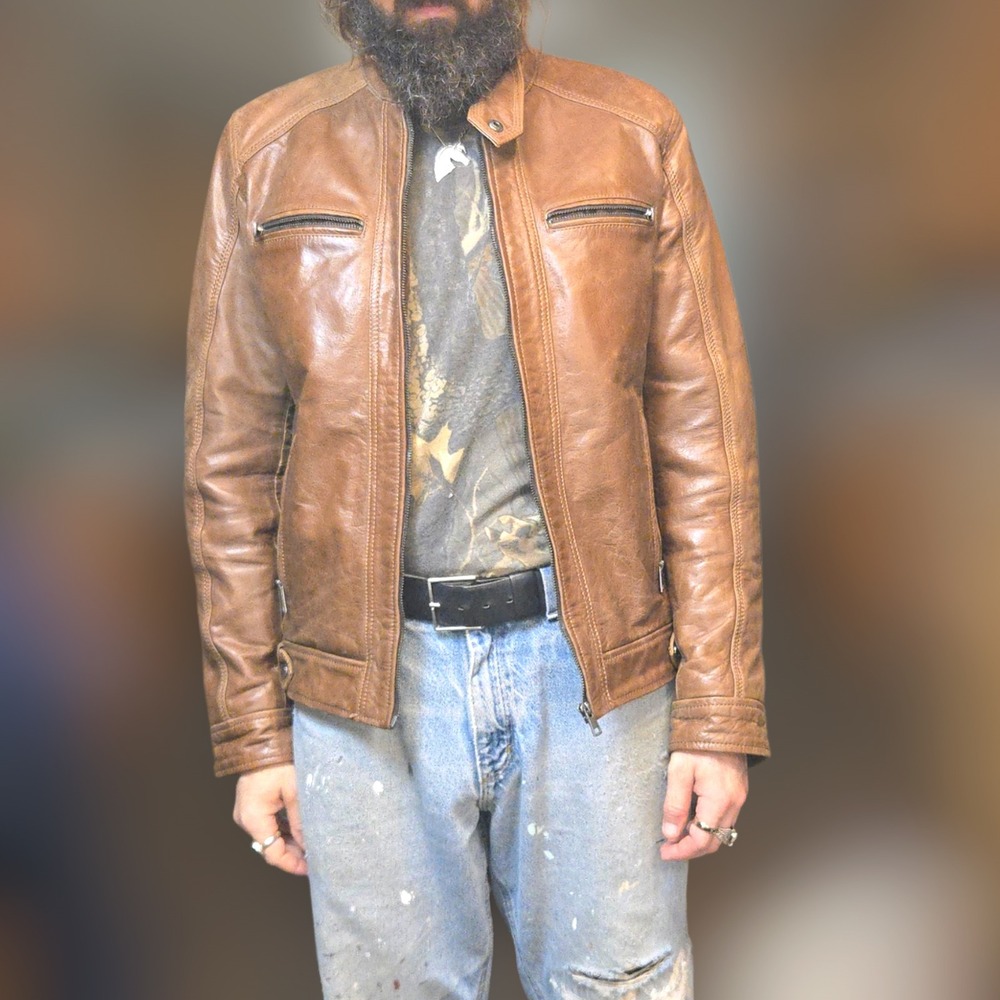 DEVRED 1902 Leather Jacket  High Neck Moto L Men €299 Brown Quilted Paris France